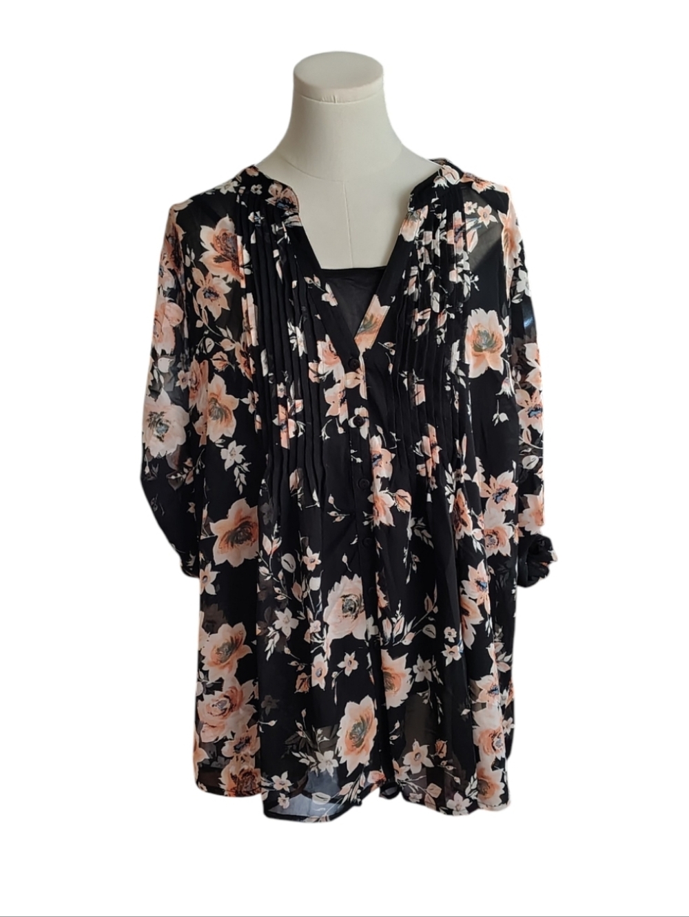 American Rag Black and Pink Floral Sheer High Low Blouse With Pleated Size XXL